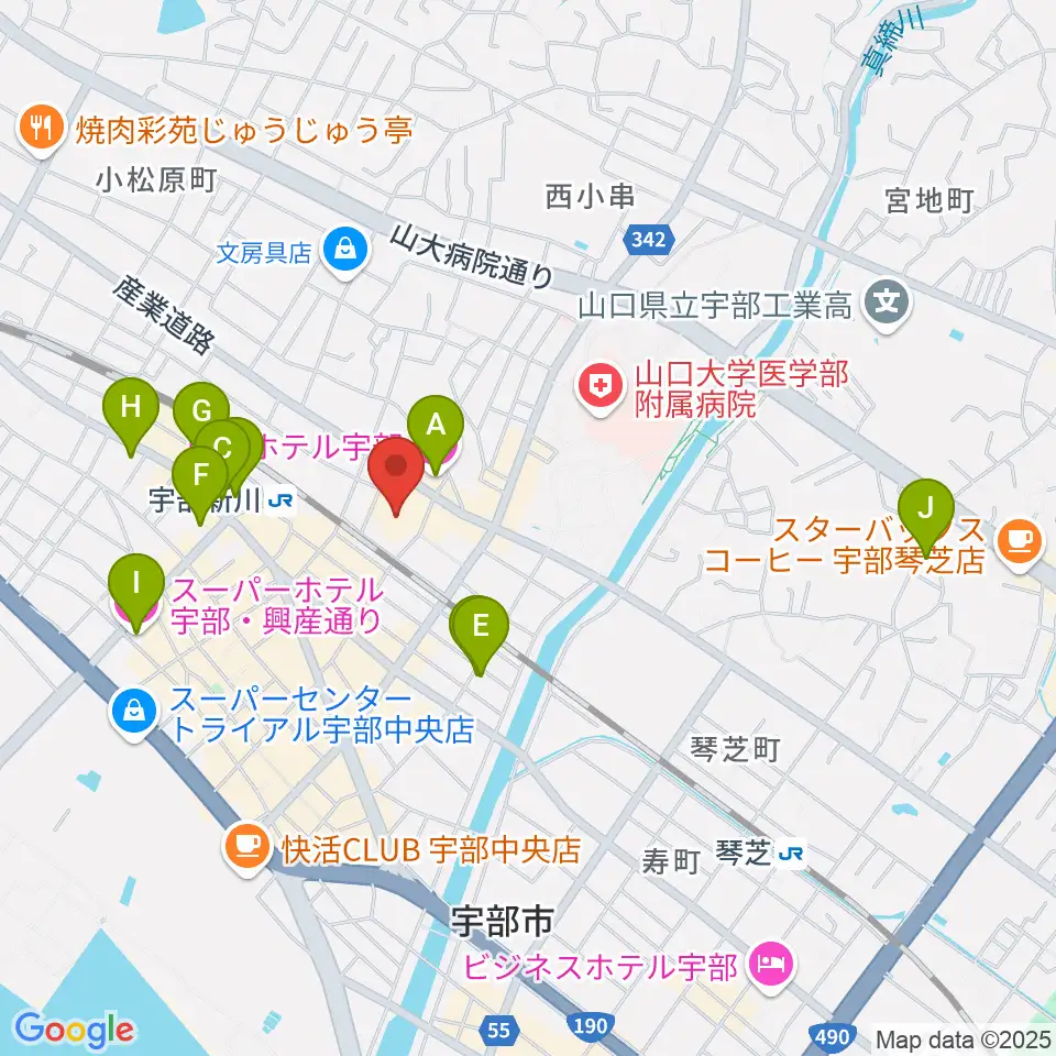 宇部市渡辺翁記念会館周辺のホテル一覧地図