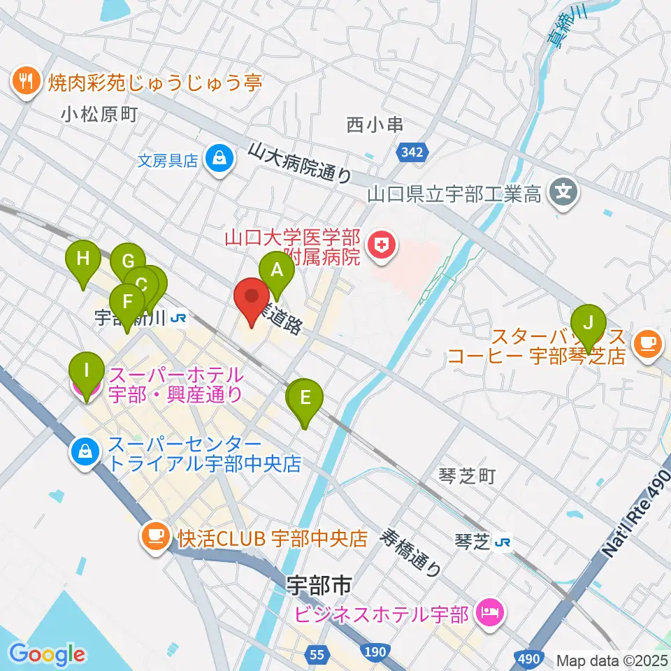 宇部市渡辺翁記念会館周辺のホテル一覧地図