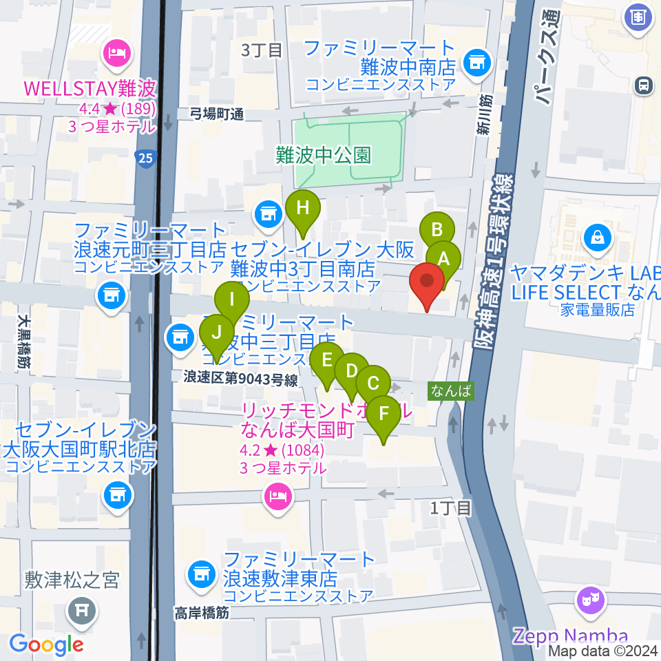 難波ベアーズ周辺のホテル一覧地図