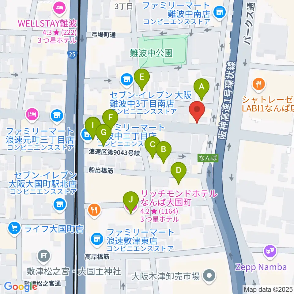 難波ベアーズ周辺のホテル一覧地図