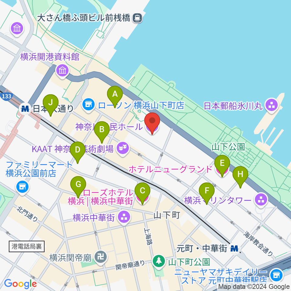 神奈川県民ホール周辺のホテル一覧地図