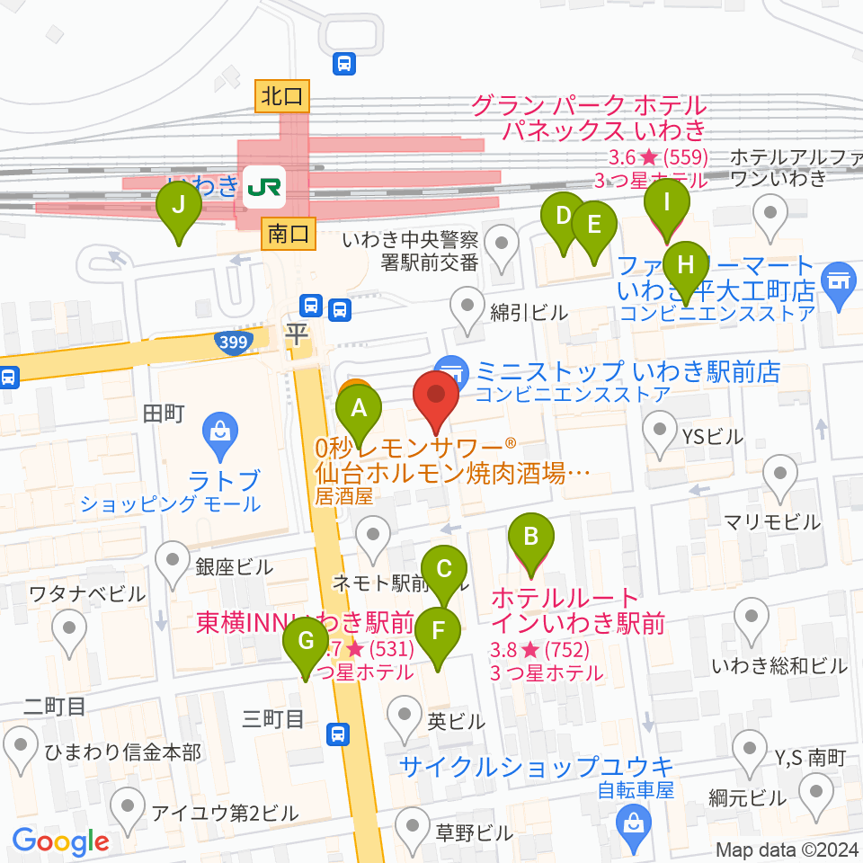 いわきバロウズ周辺のホテル一覧地図