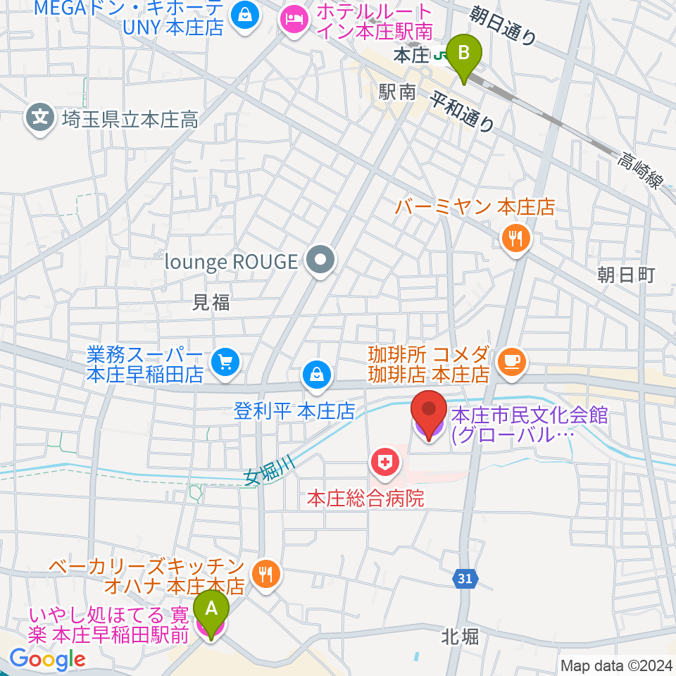 本庄市民文化会館周辺のホテル一覧地図