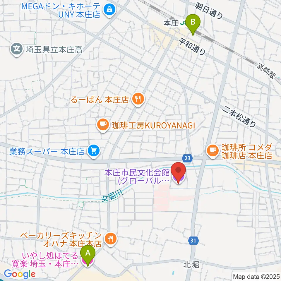 本庄市民文化会館周辺のホテル一覧地図