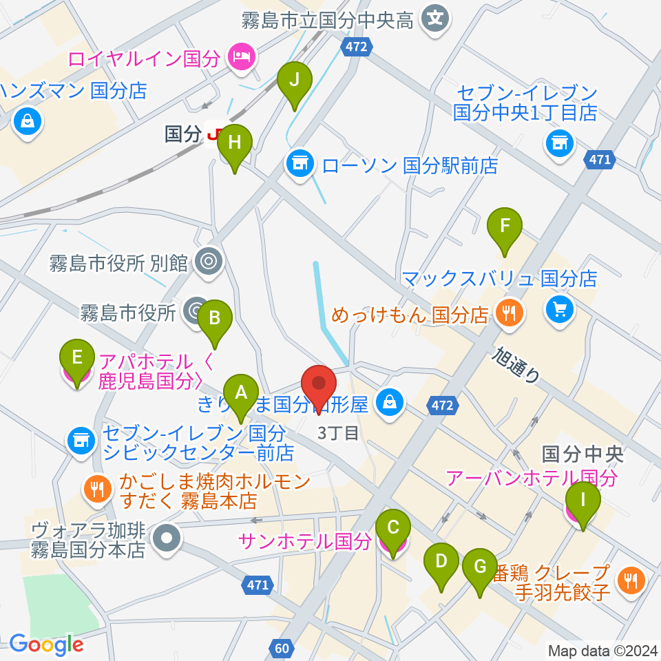 国分ハウジングホール 霧島市民会館周辺のホテル一覧地図