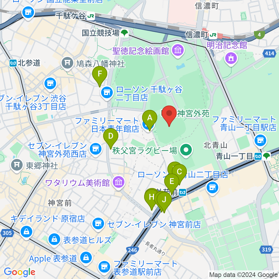 明治神宮野球場周辺のホテル一覧地図