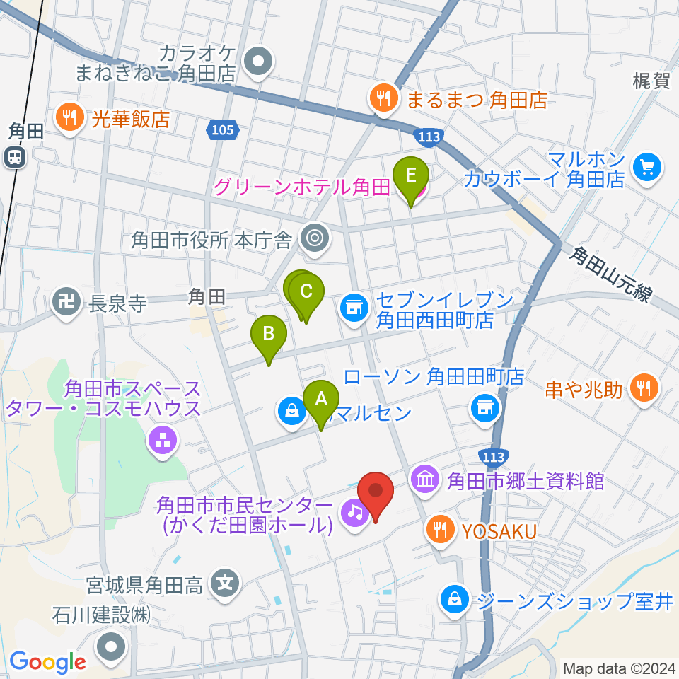 かくだ田園ホール（角田市市民センター）周辺のホテル一覧地図