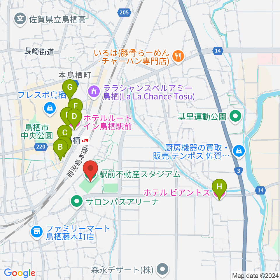 駅前不動産スタジアム周辺のホテル一覧地図