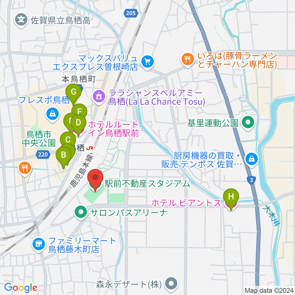 駅前不動産スタジアム周辺のホテル一覧地図