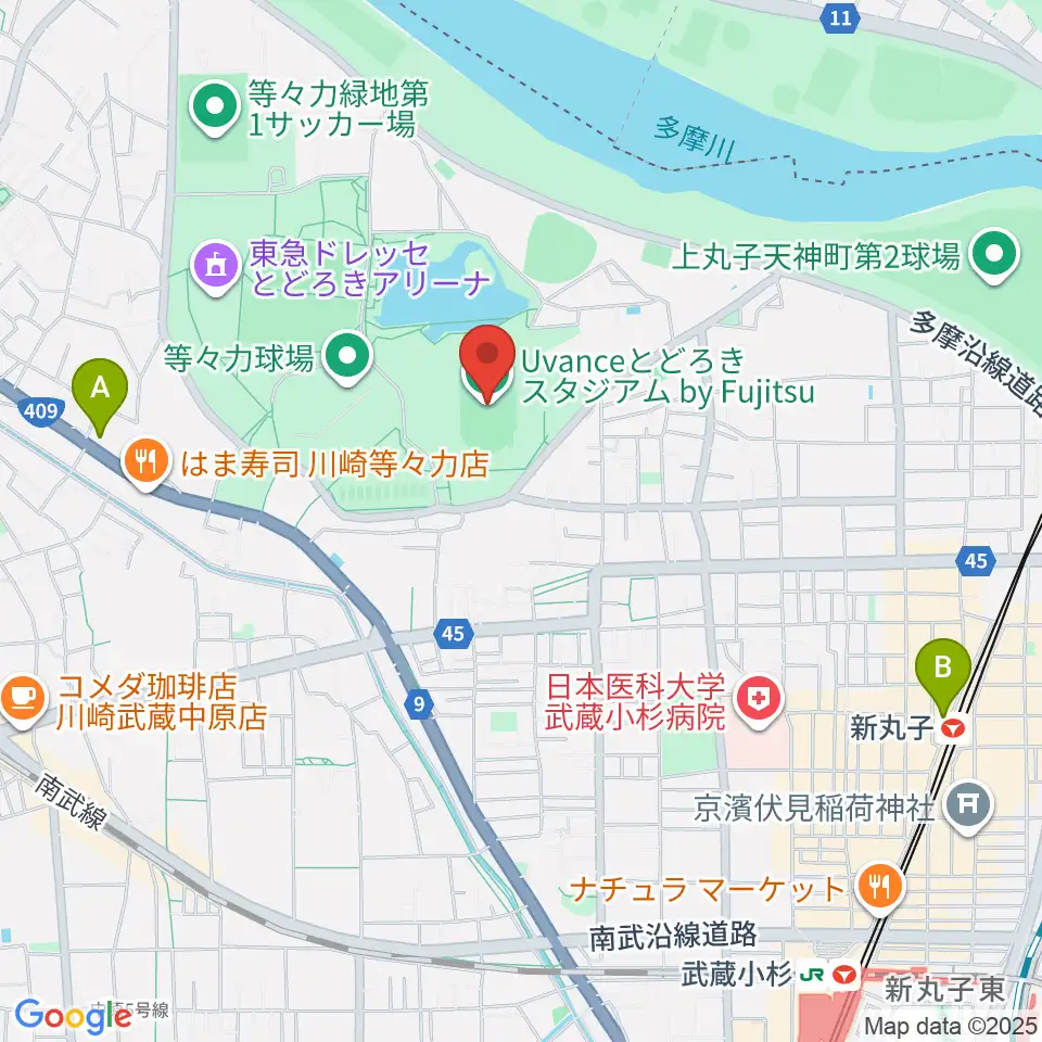 Uvanceとどろきスタジアム by Fujitsu周辺のホテル一覧地図