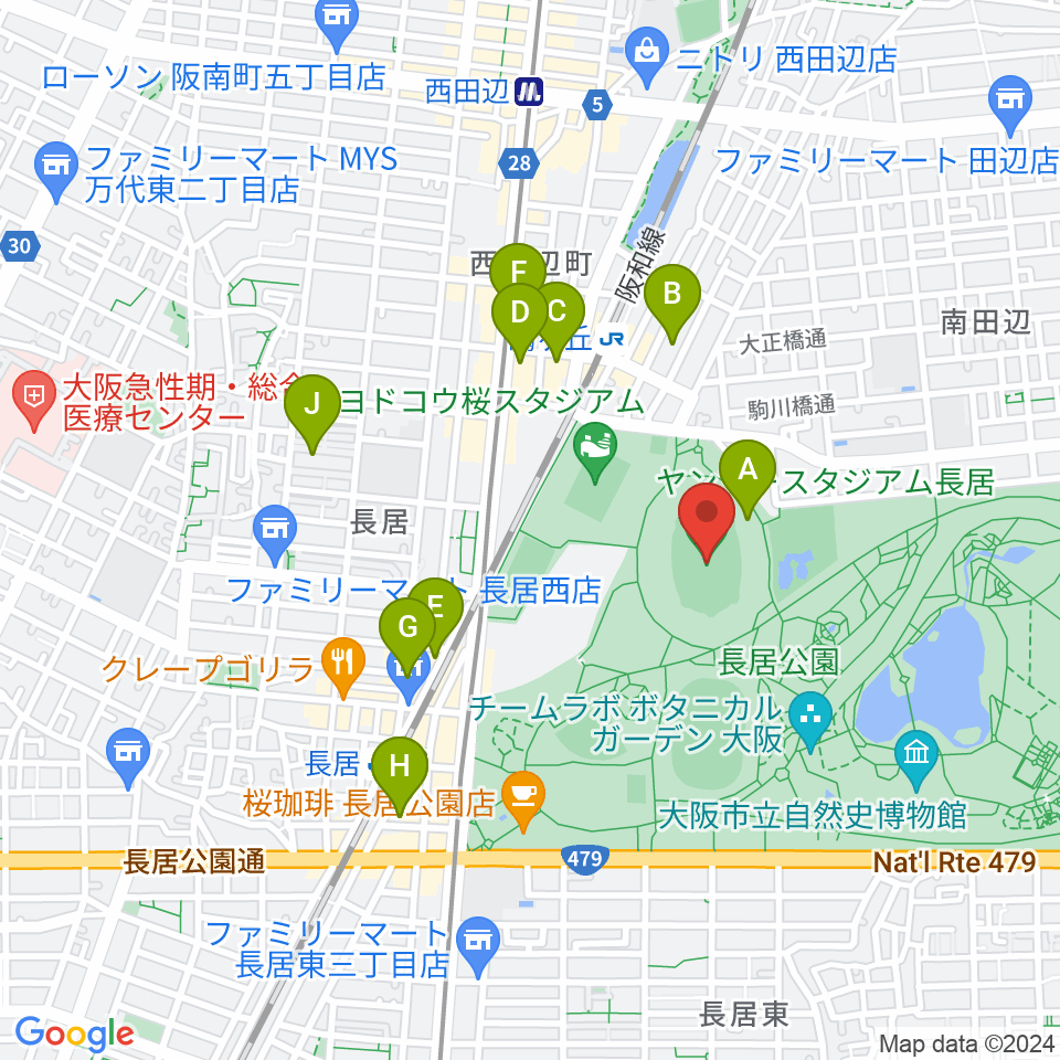 ヤンマースタジアム長居周辺のホテル一覧地図