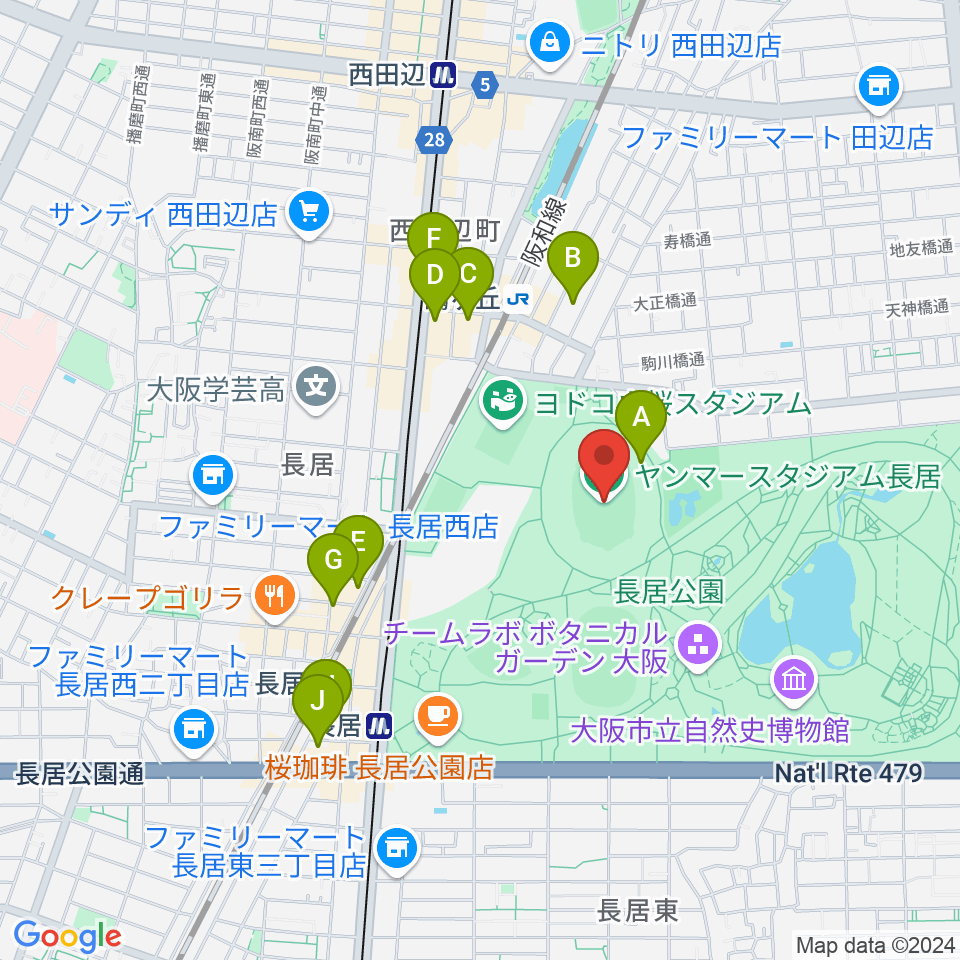 ヤンマースタジアム長居周辺のホテル一覧地図