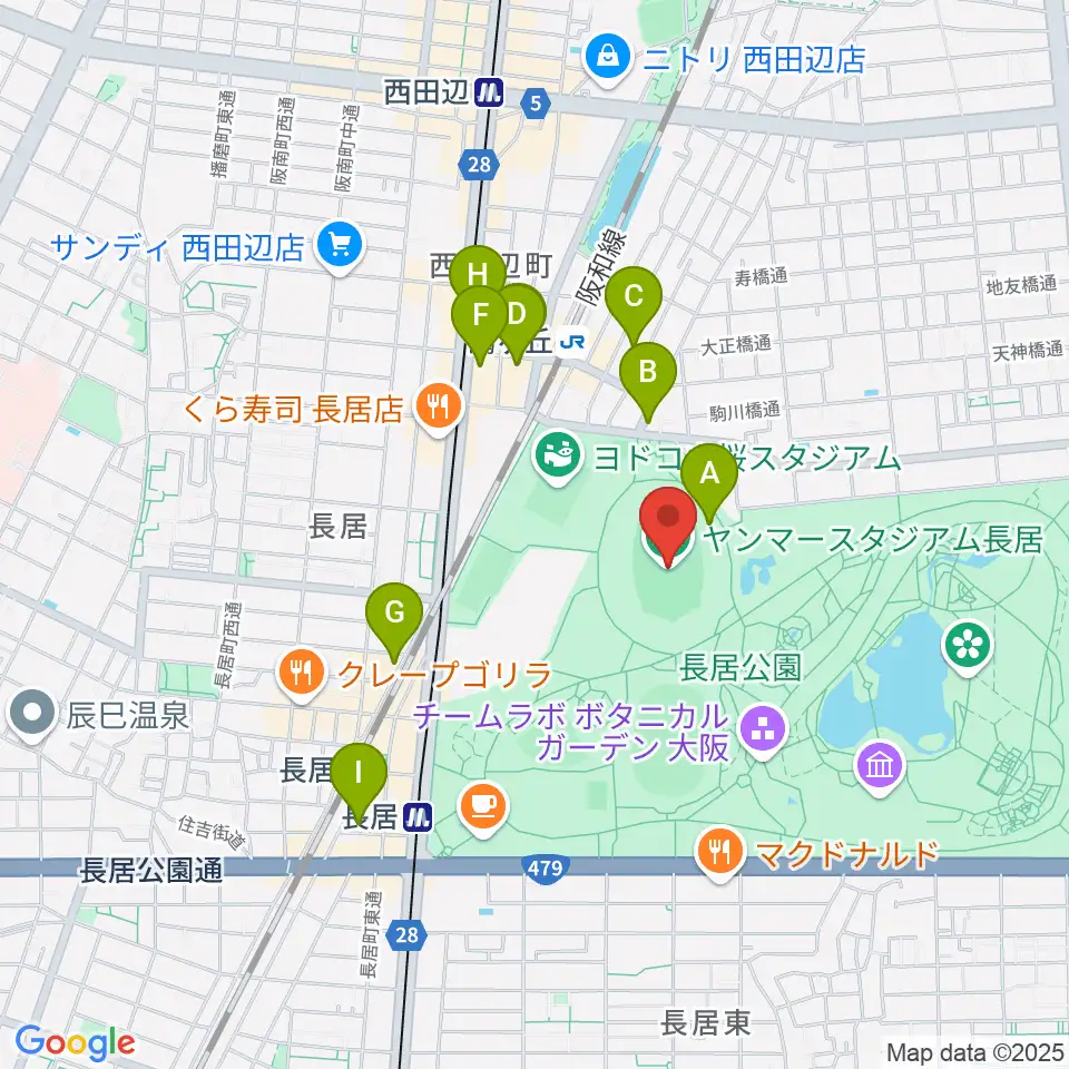 ヤンマースタジアム長居周辺のホテル一覧地図