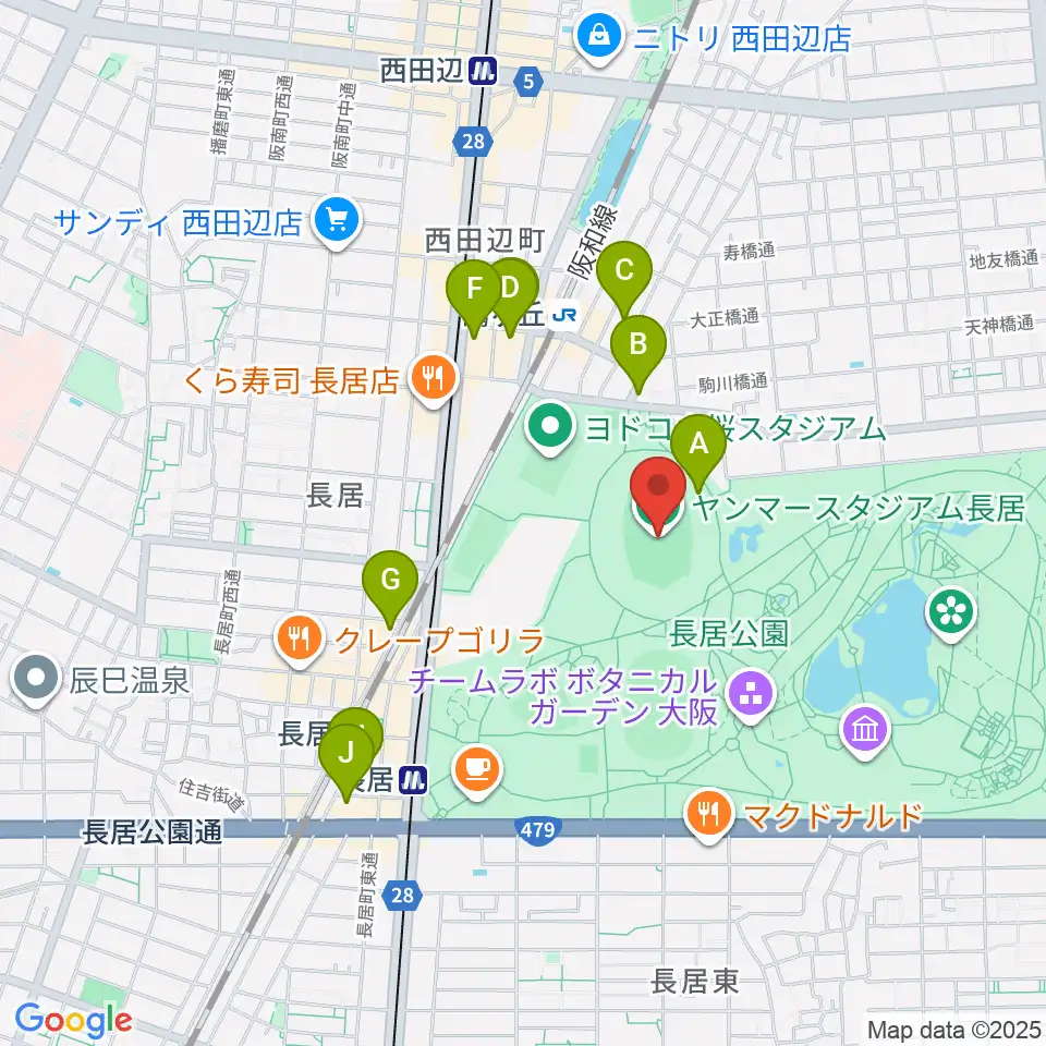 ヤンマースタジアム長居周辺のホテル一覧地図