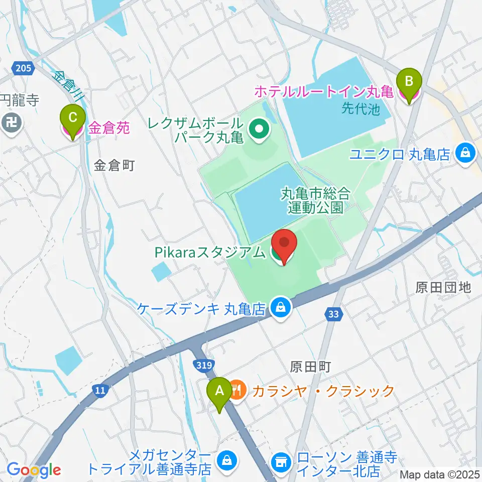 Pikaraスタジアム周辺のホテル一覧地図