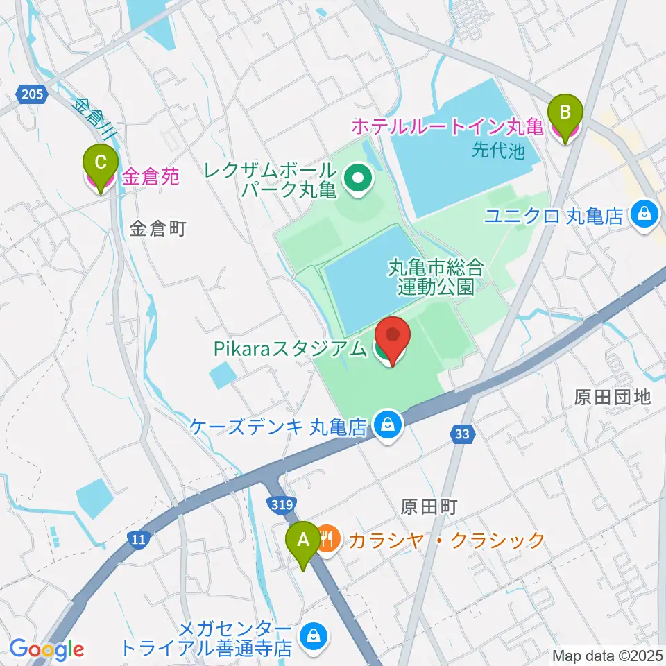 Pikaraスタジアム周辺のホテル一覧地図
