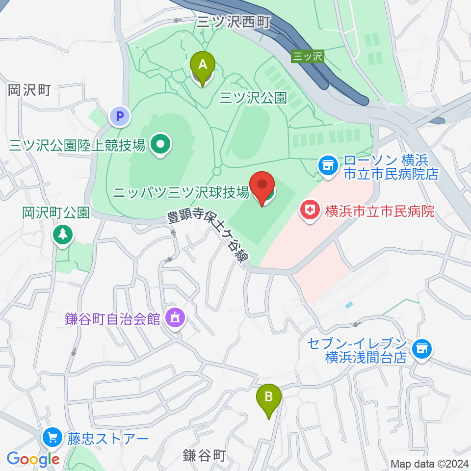 ニッパツ三ツ沢球技場周辺のホテル一覧地図