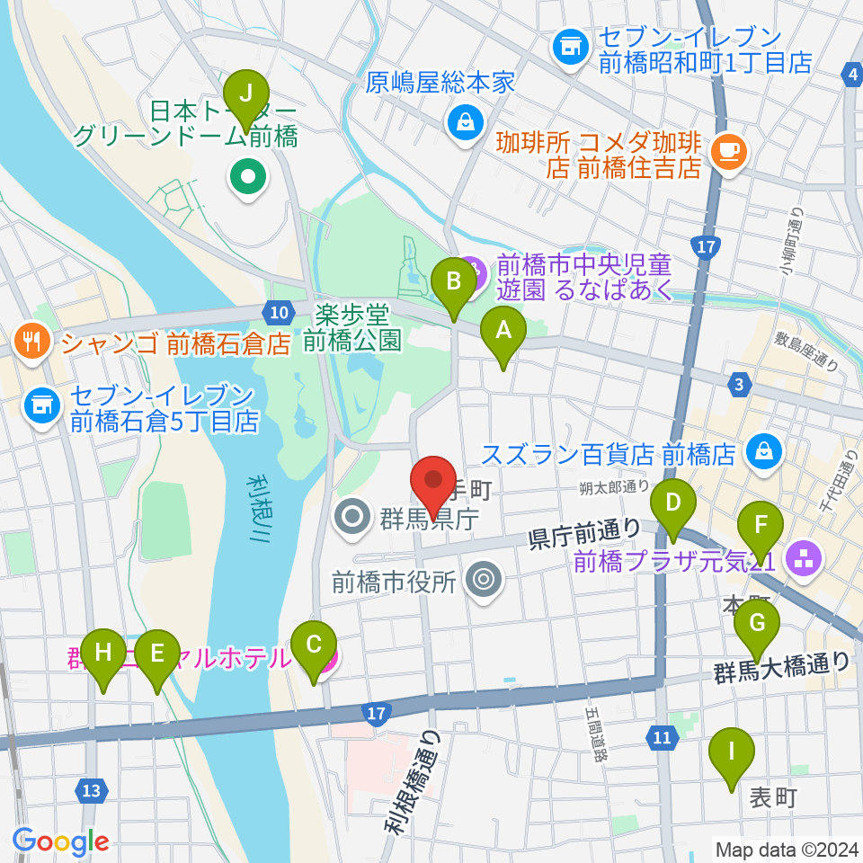 群馬会館周辺のホテル一覧地図