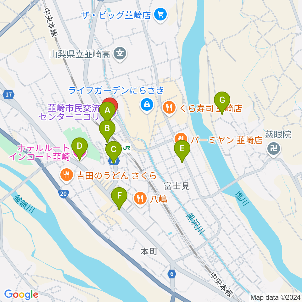 韮崎市民交流センターニコリ周辺のホテル一覧地図