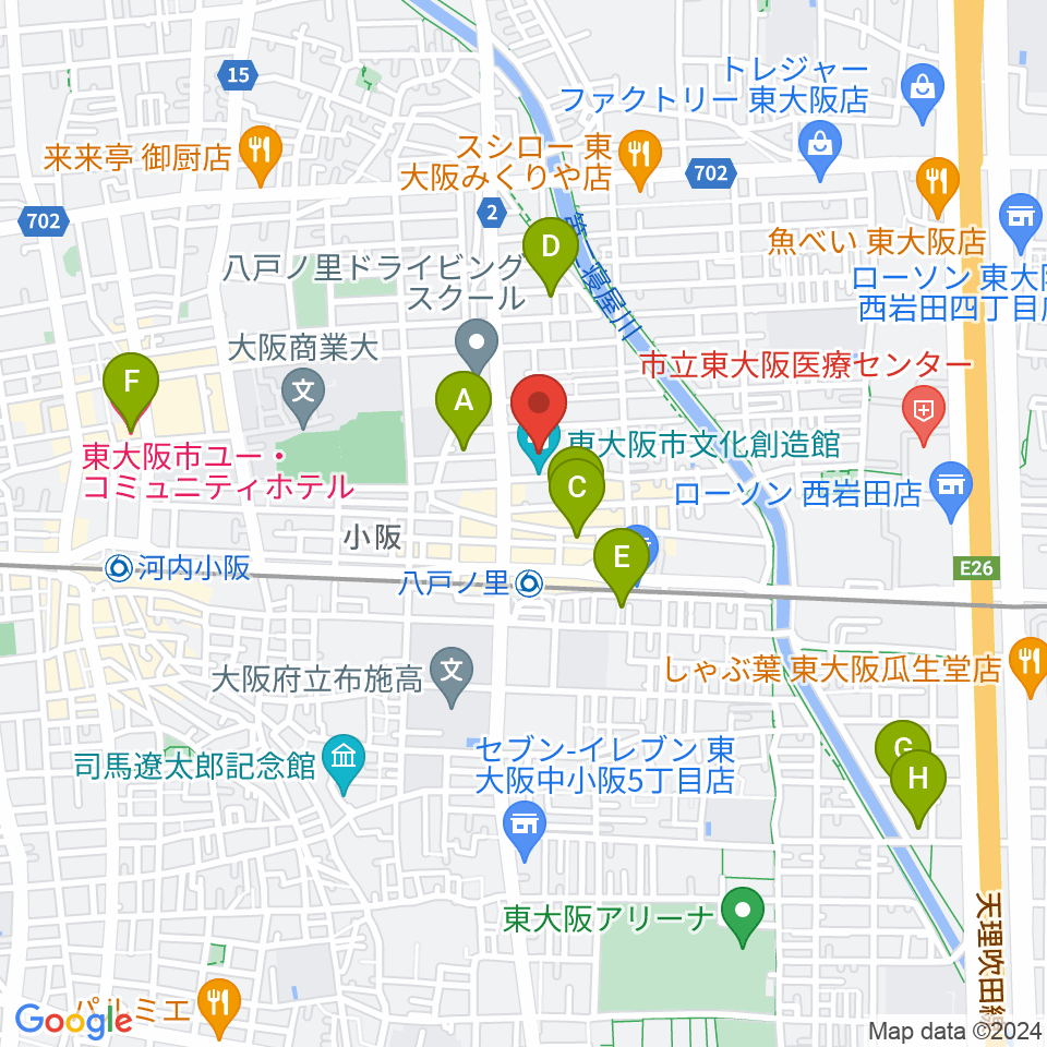 東大阪市文化創造館周辺のホテル一覧地図