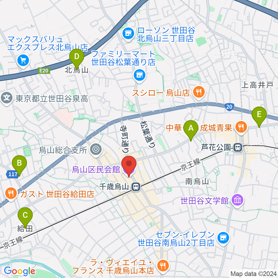 烏山区民会館周辺のホテル一覧地図