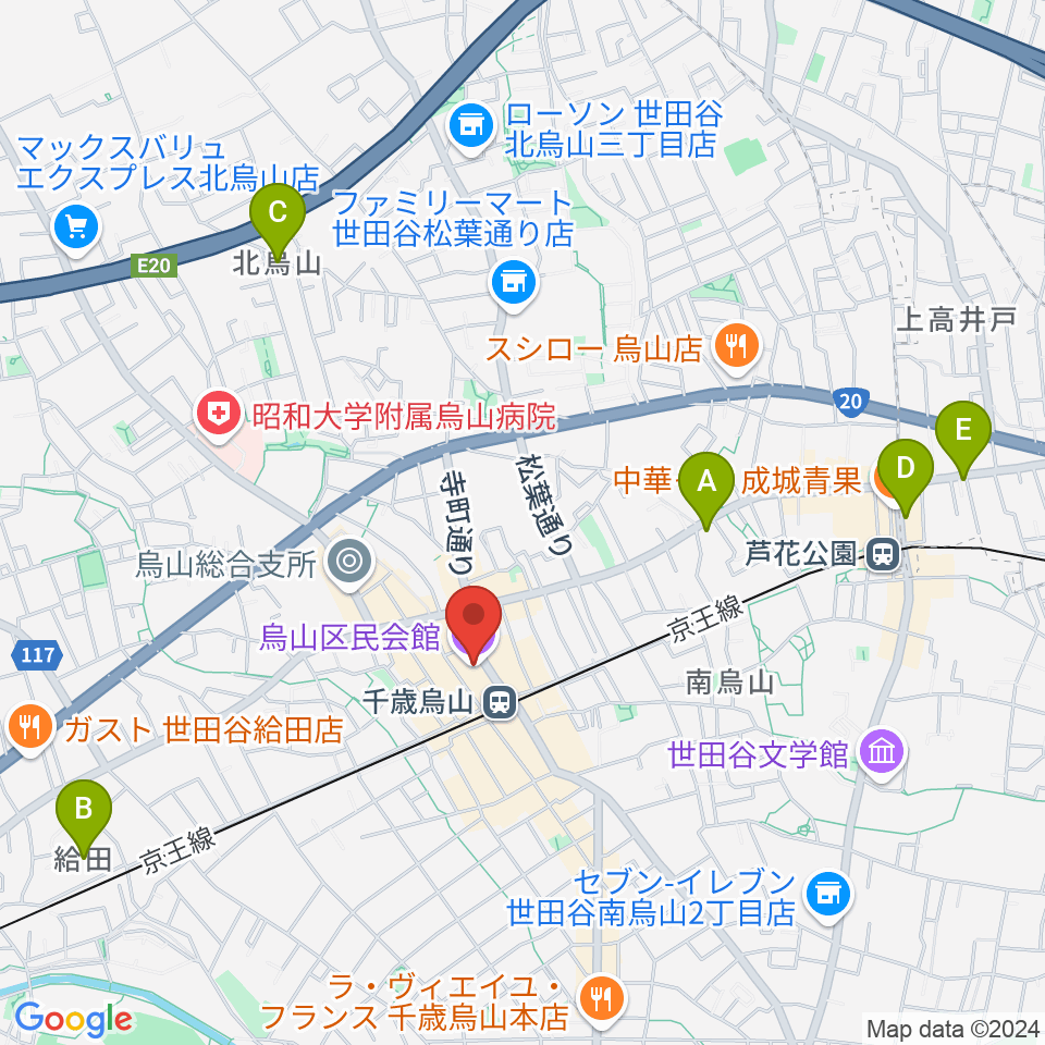 烏山区民会館周辺のホテル一覧地図