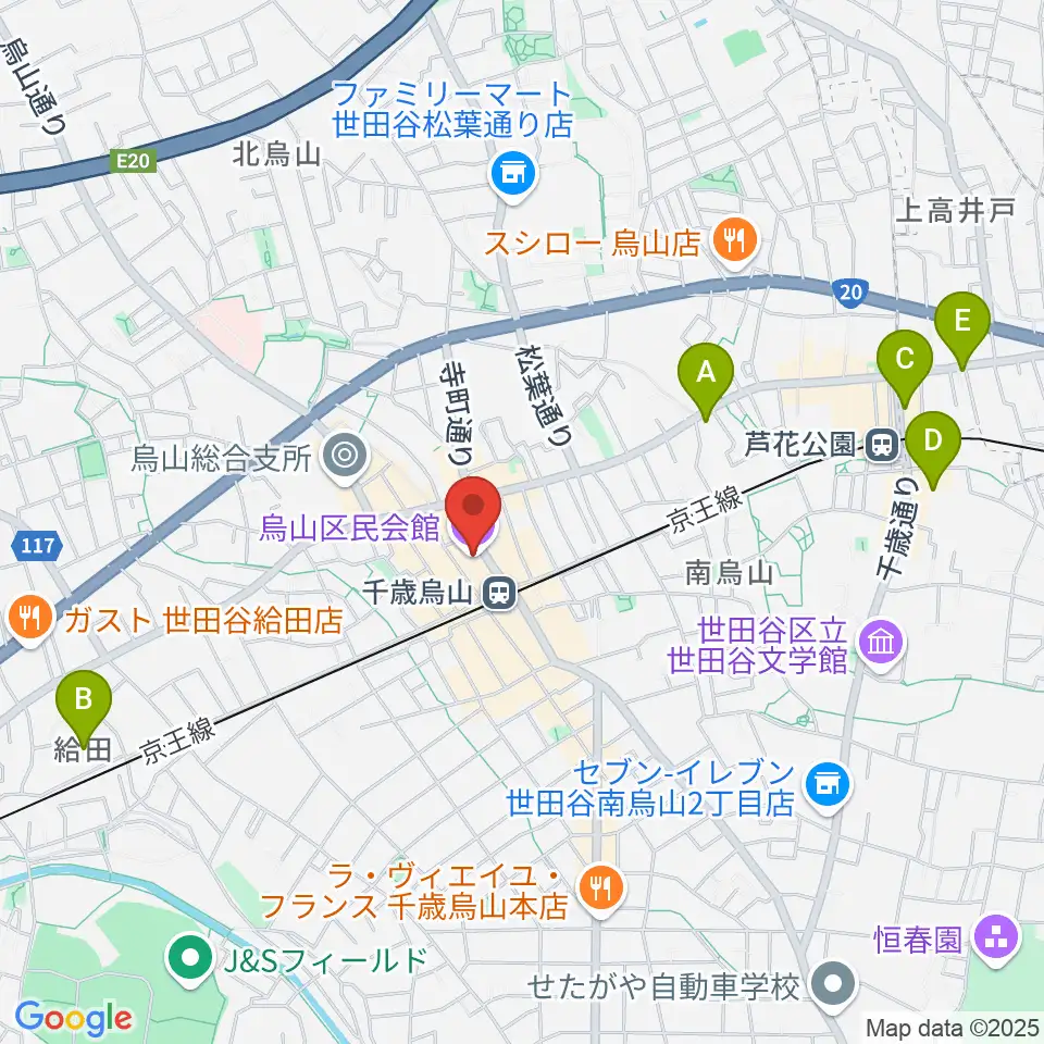 烏山区民会館周辺のホテル一覧地図