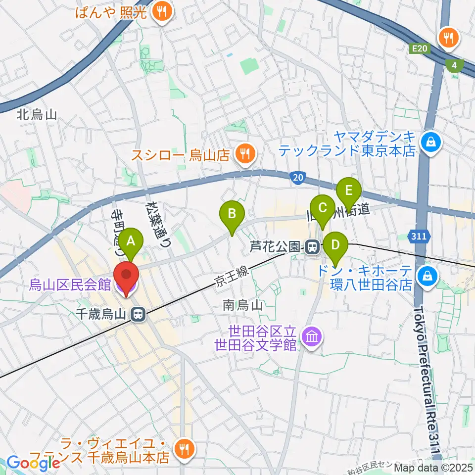 烏山区民会館周辺のホテル一覧地図