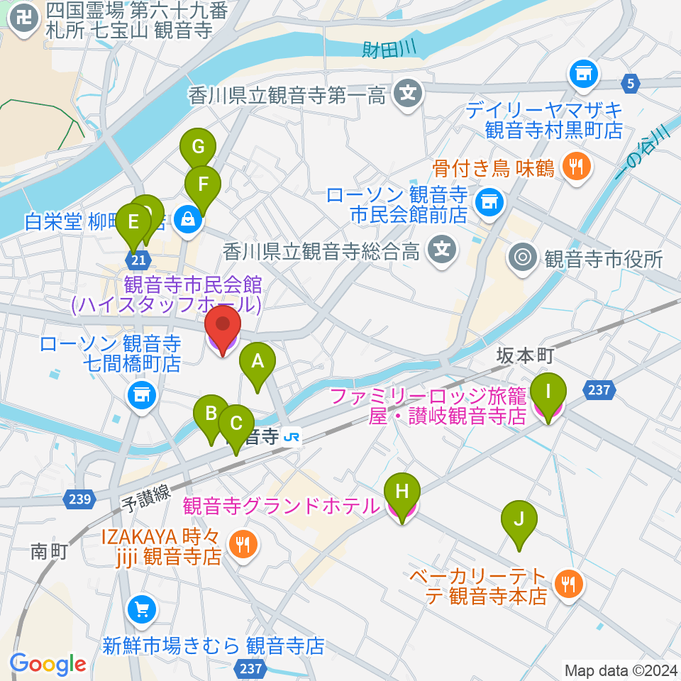 ハイスタッフホール 観音寺市民会館周辺のホテル一覧地図