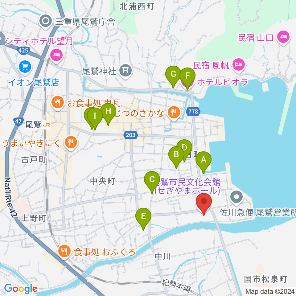 尾鷲市民文化会館 せぎやまホール周辺のホテル一覧地図