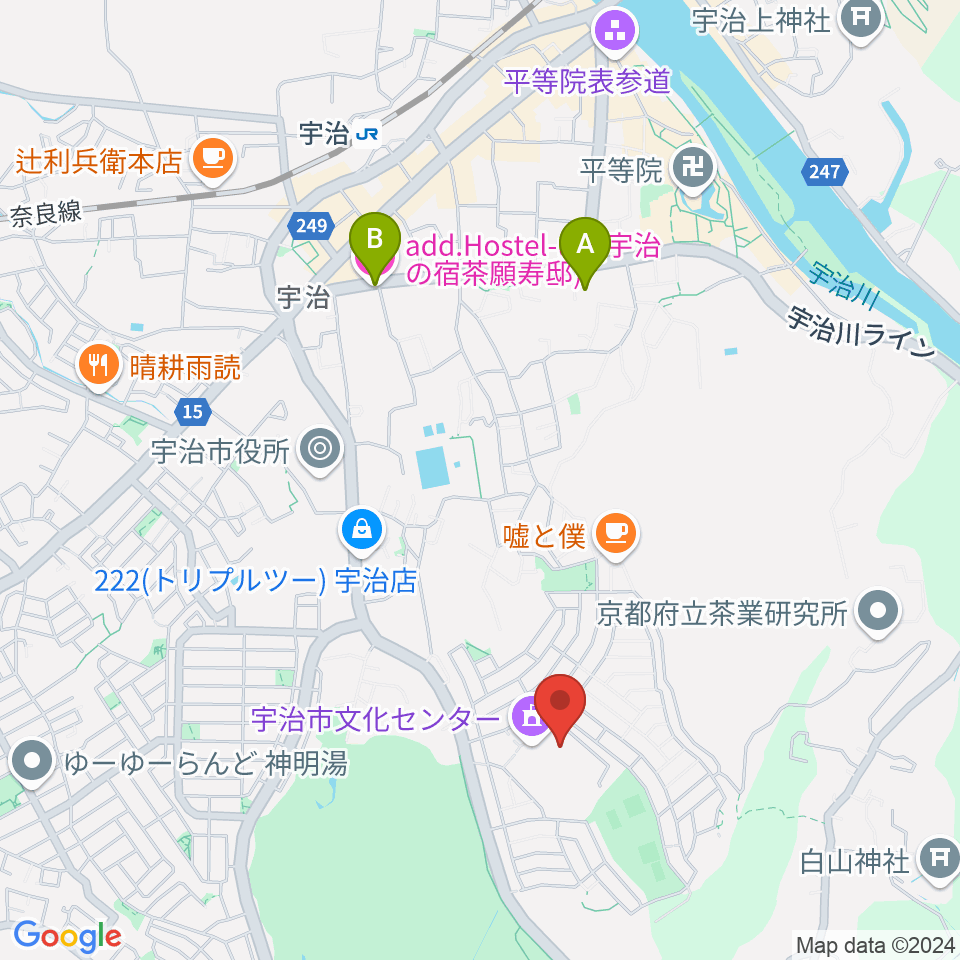 宇治市文化会館周辺のホテル一覧地図