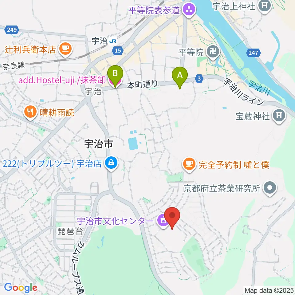 宇治市文化会館周辺のホテル一覧地図