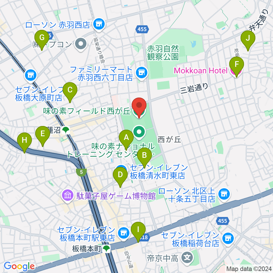 味の素フィールド西が丘周辺のホテル一覧地図