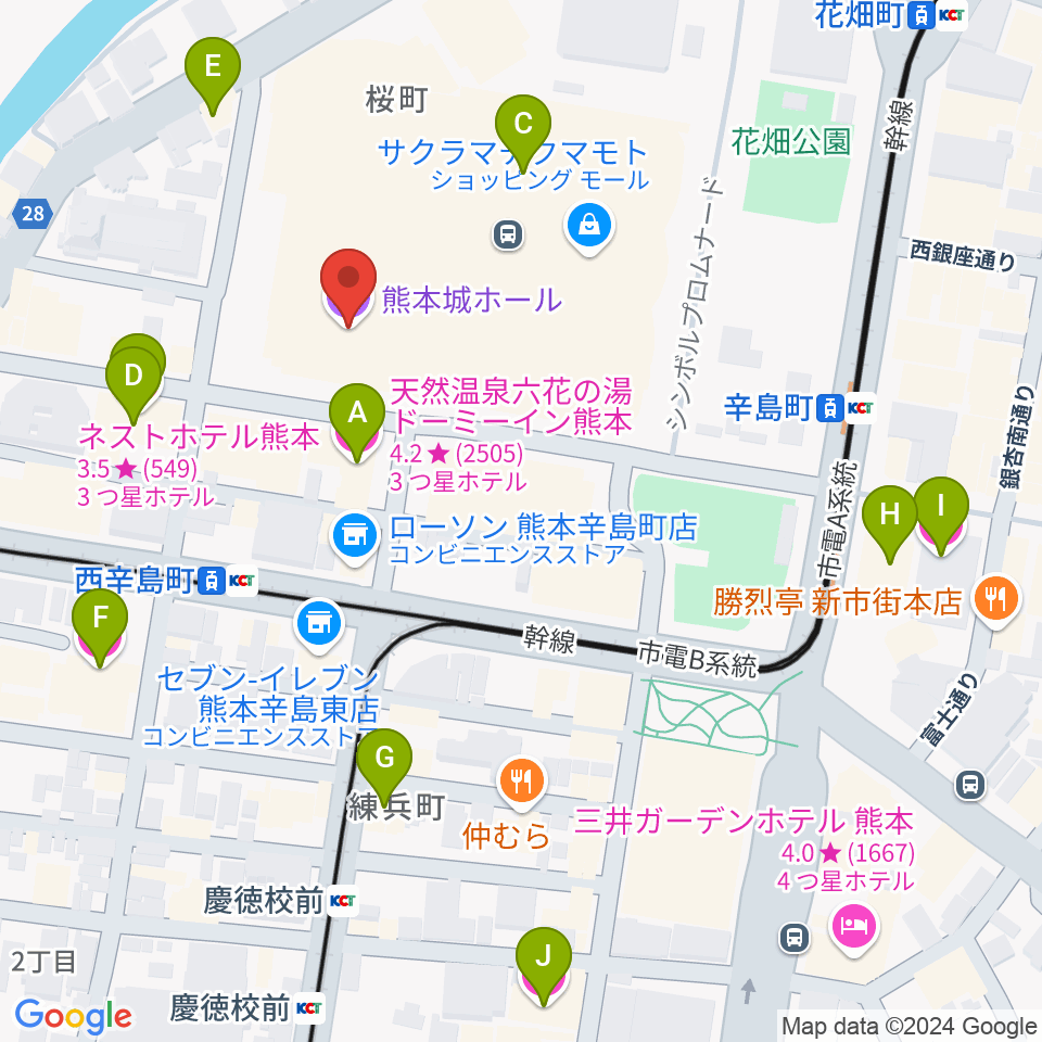 熊本城ホール周辺のホテル一覧地図