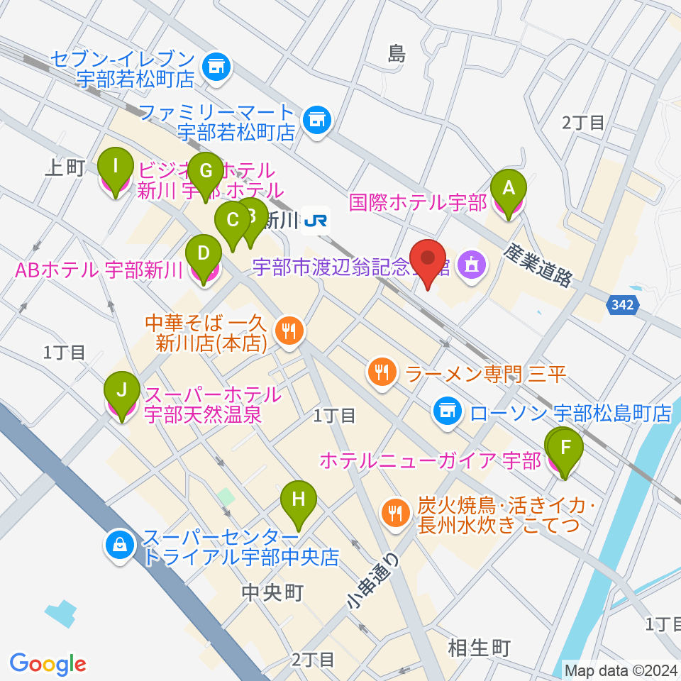 宇部市文化会館周辺のホテル一覧地図