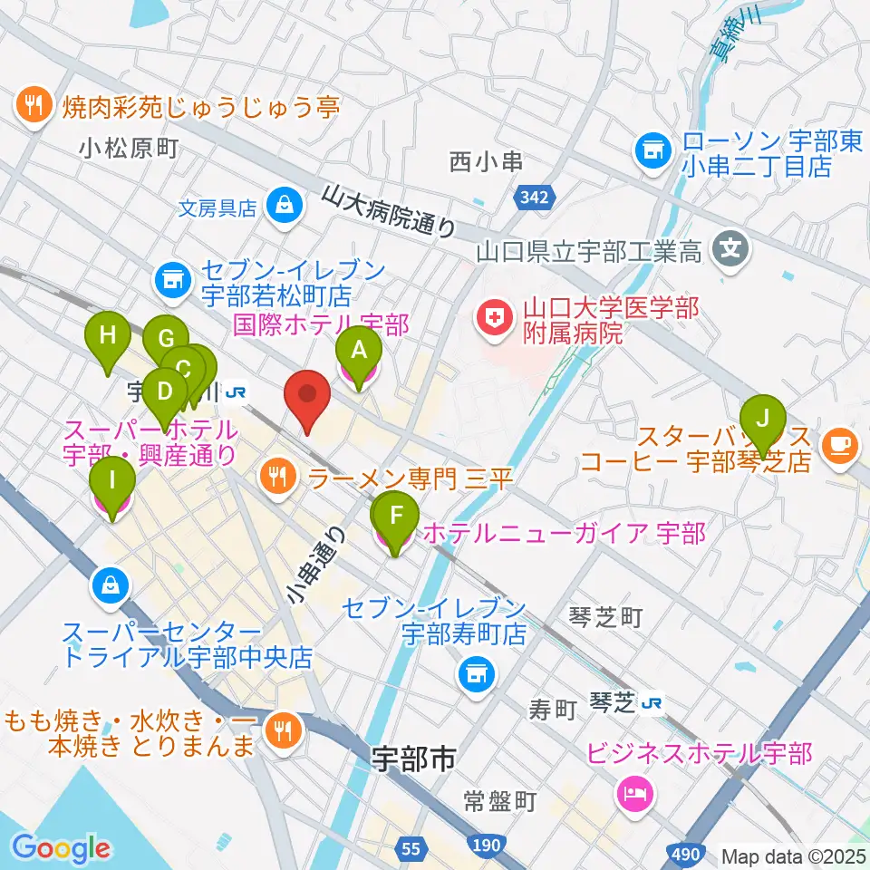 宇部市文化会館周辺のホテル一覧地図