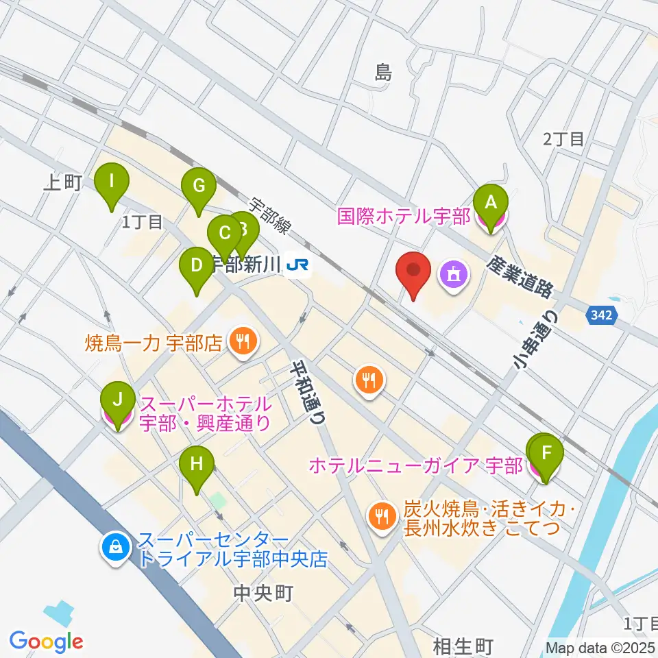 宇部市文化会館周辺のホテル一覧地図