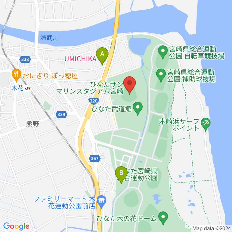 ひなたサンマリンスタジアム宮崎周辺のホテル一覧地図