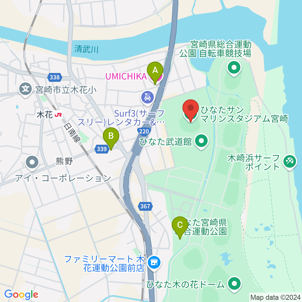 ひなたサンマリンスタジアム宮崎周辺のホテル一覧地図