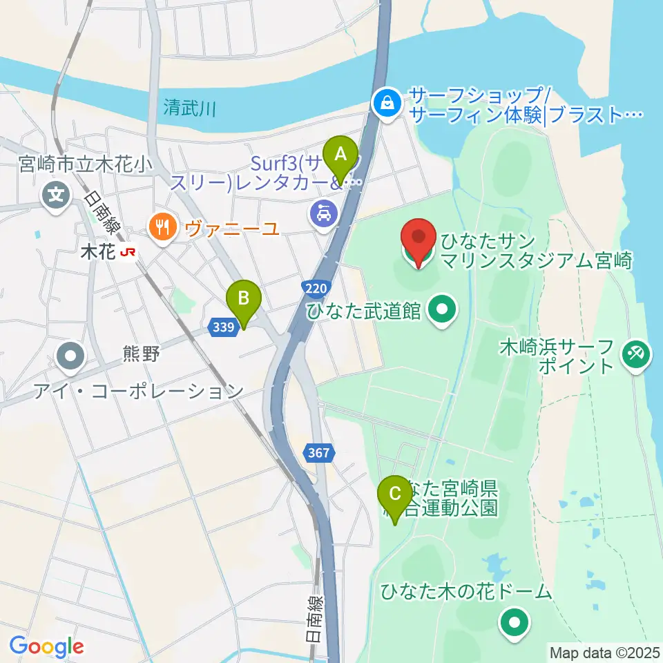 ひなたサンマリンスタジアム宮崎周辺のホテル一覧地図