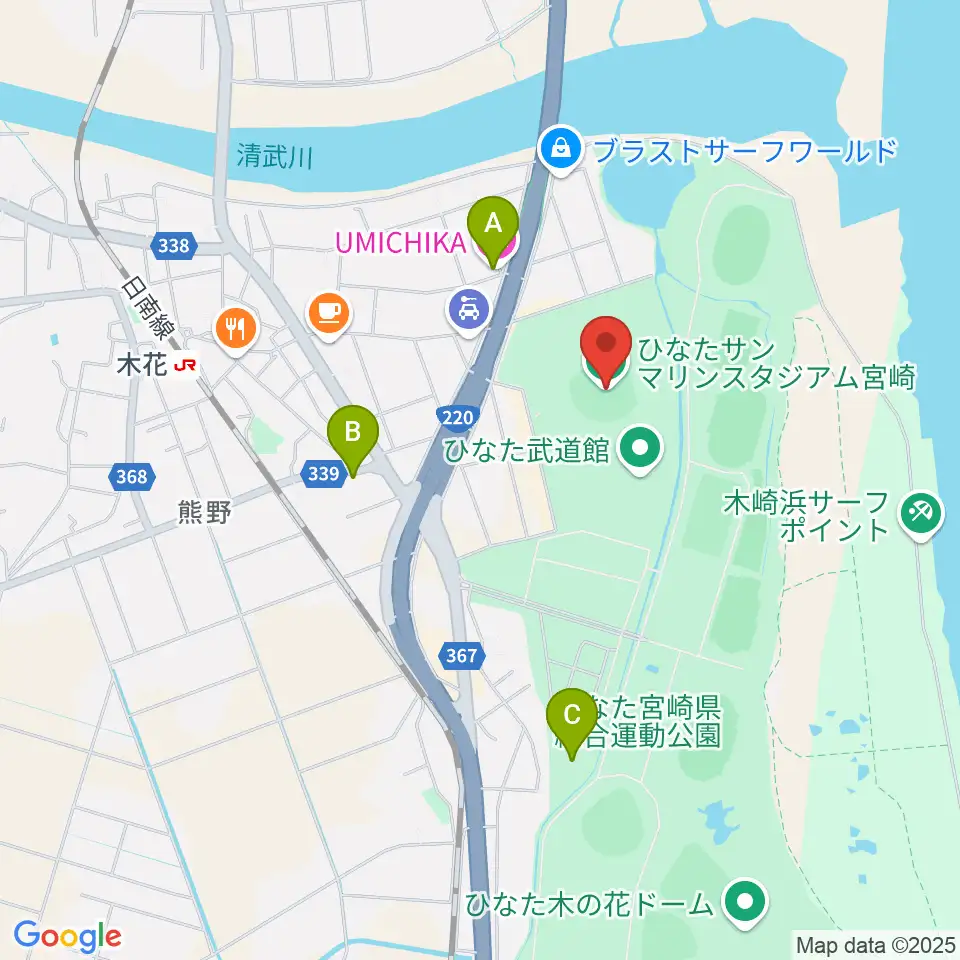 ひなたサンマリンスタジアム宮崎周辺のホテル一覧地図