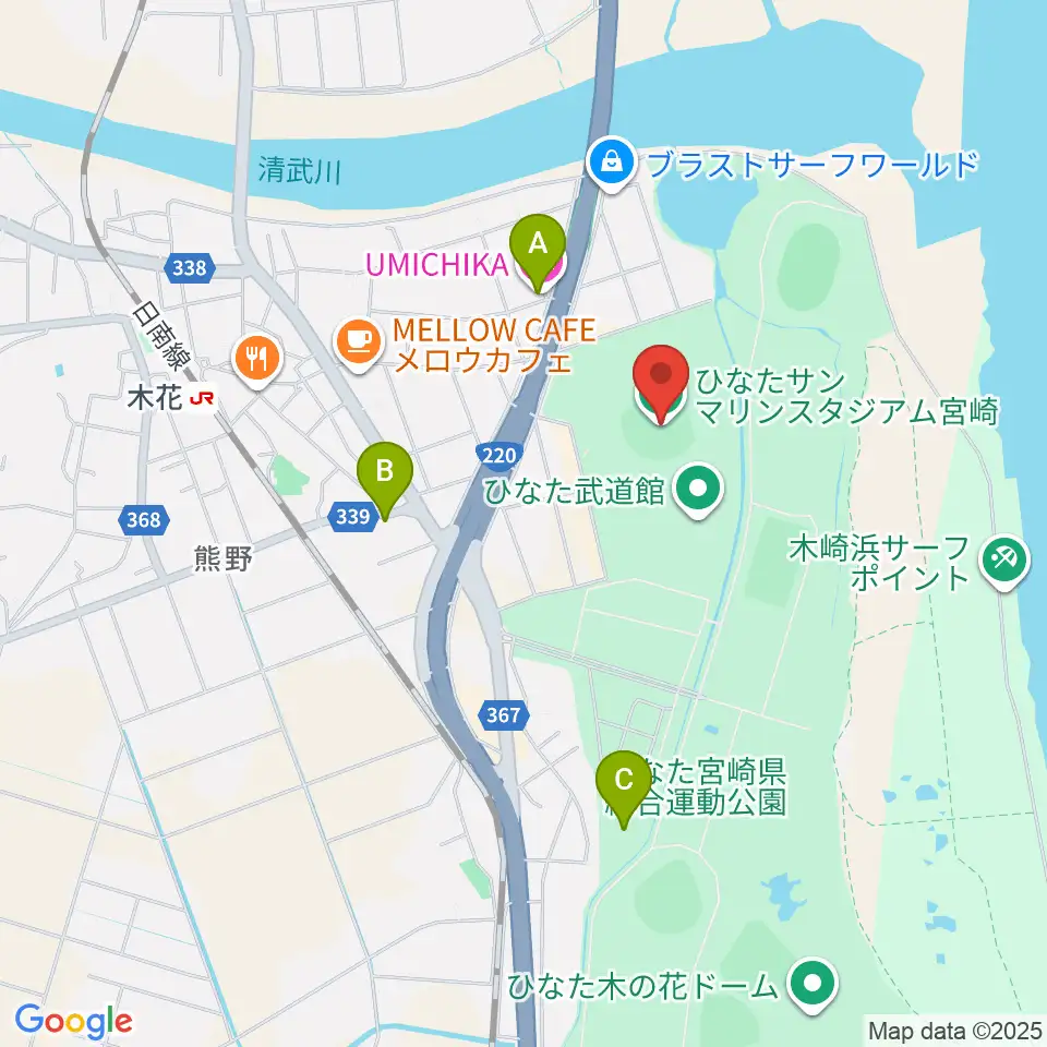 ひなたサンマリンスタジアム宮崎周辺のホテル一覧地図