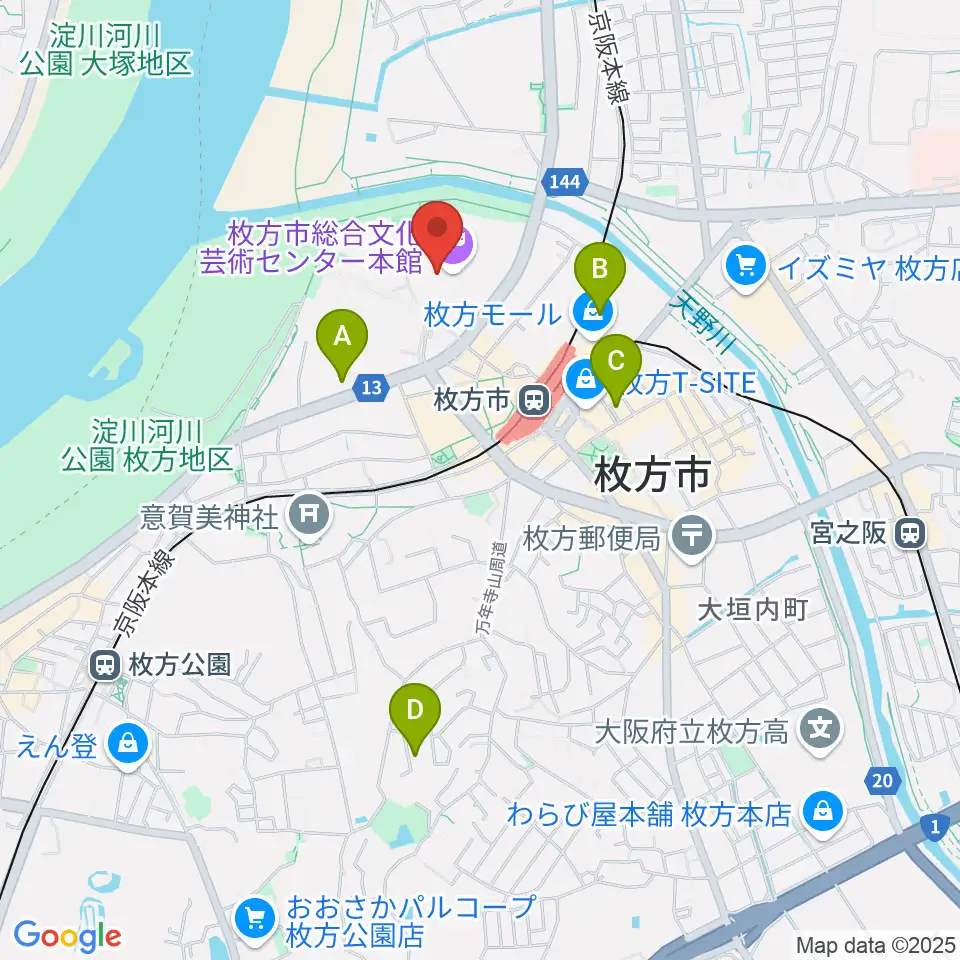 枚方市総合文化芸術センター周辺のホテル一覧地図