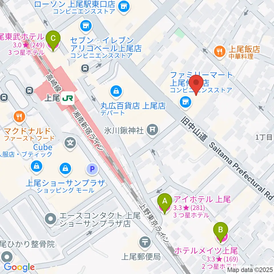 ワイワイミュージックスタジオ 上尾店周辺のホテル一覧地図