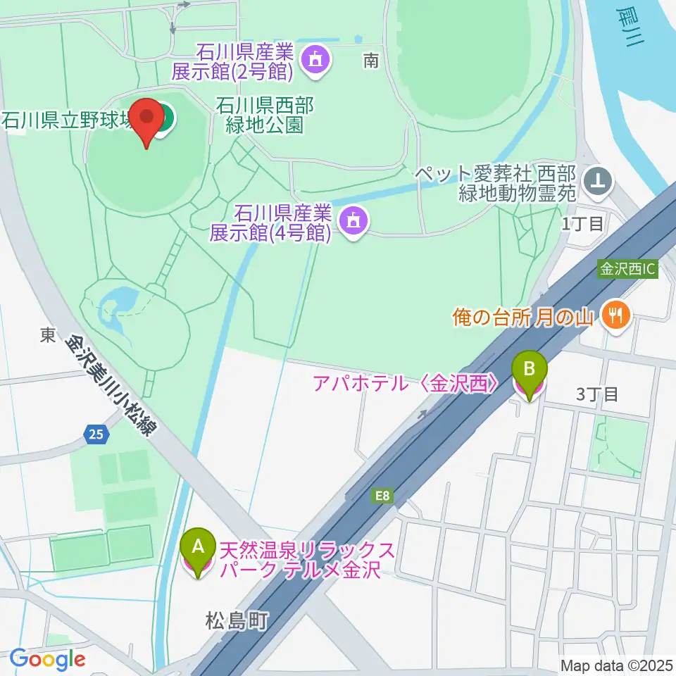 石川県立野球場周辺のホテル一覧地図