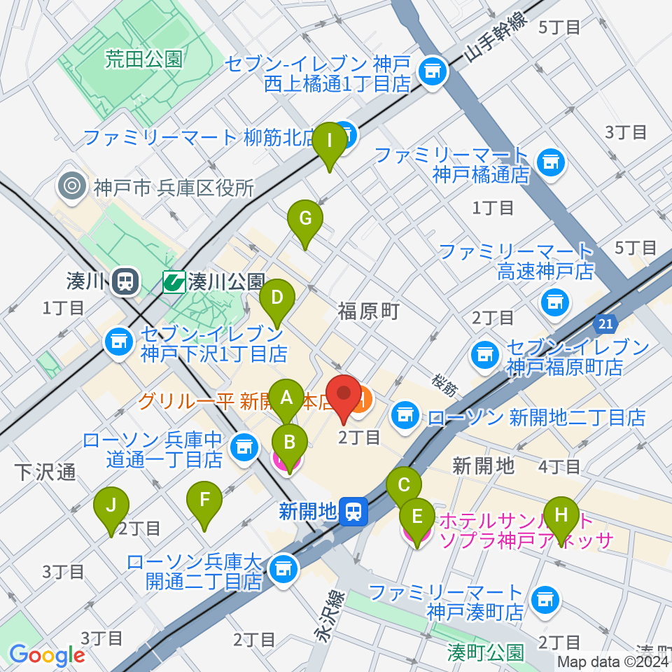 神戸新開地・喜楽館周辺のホテル一覧地図