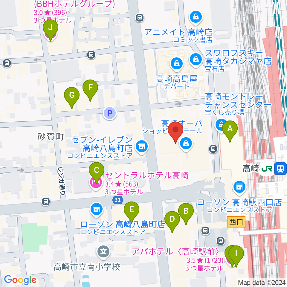 タワーレコード高崎オーパ店周辺のホテル一覧地図