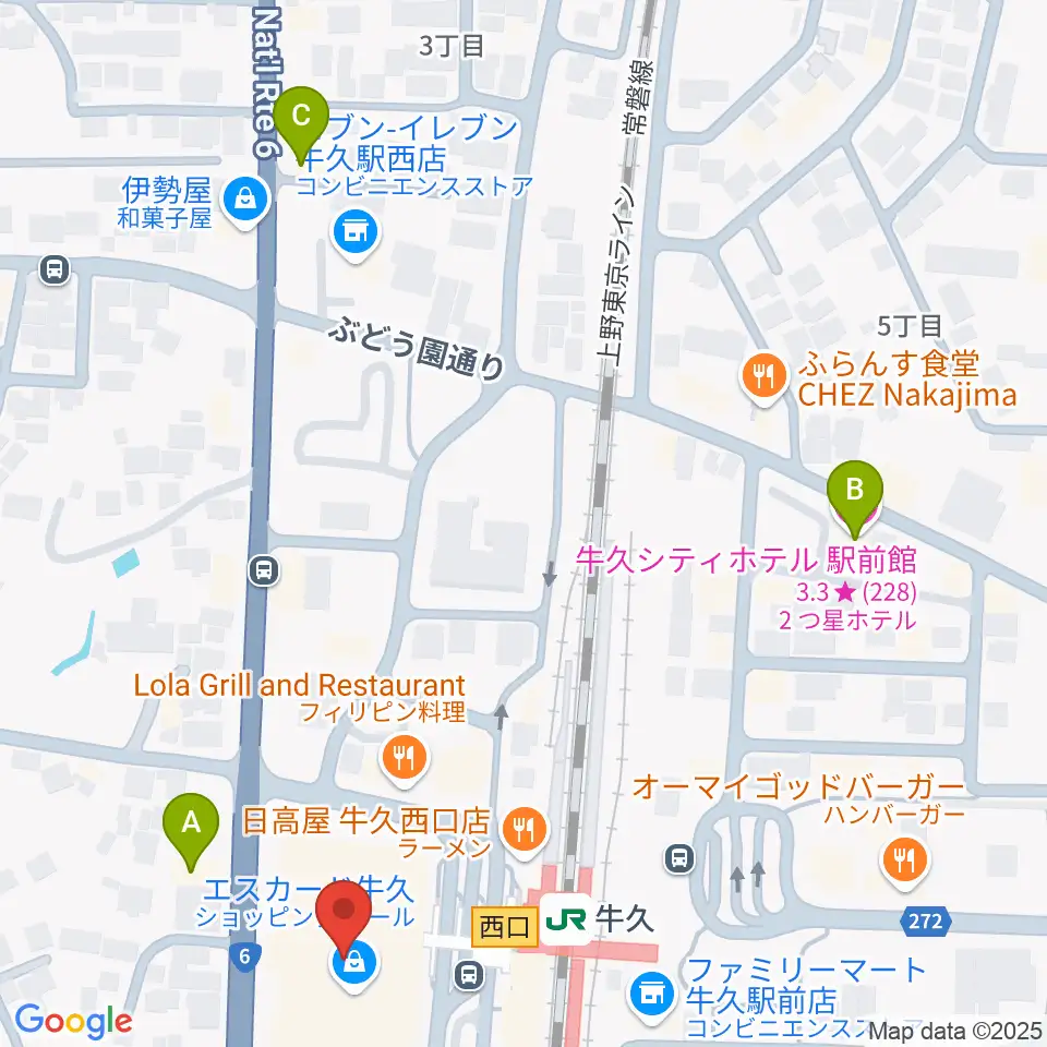 牛久市エスカード生涯学習センター周辺のホテル一覧地図