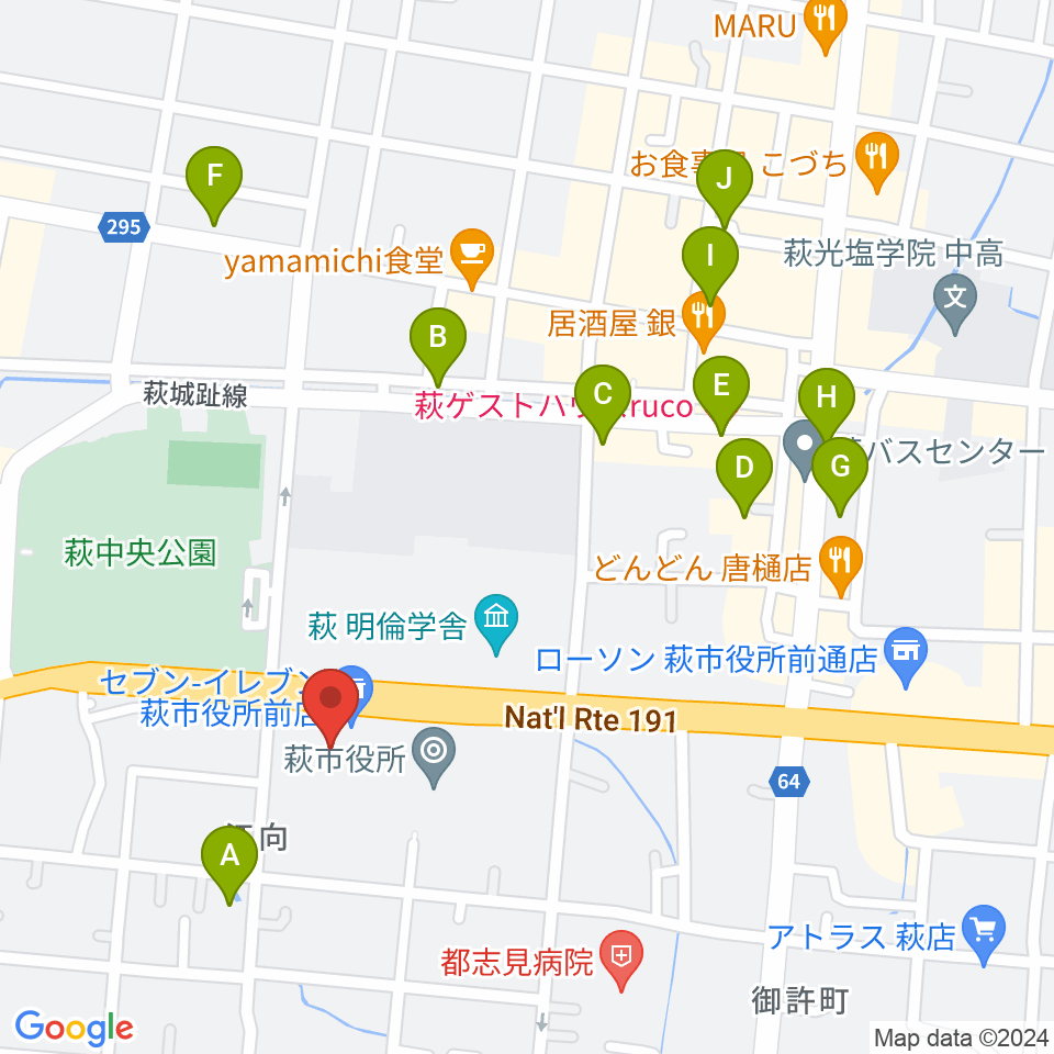 萩市民館周辺のホテル一覧地図