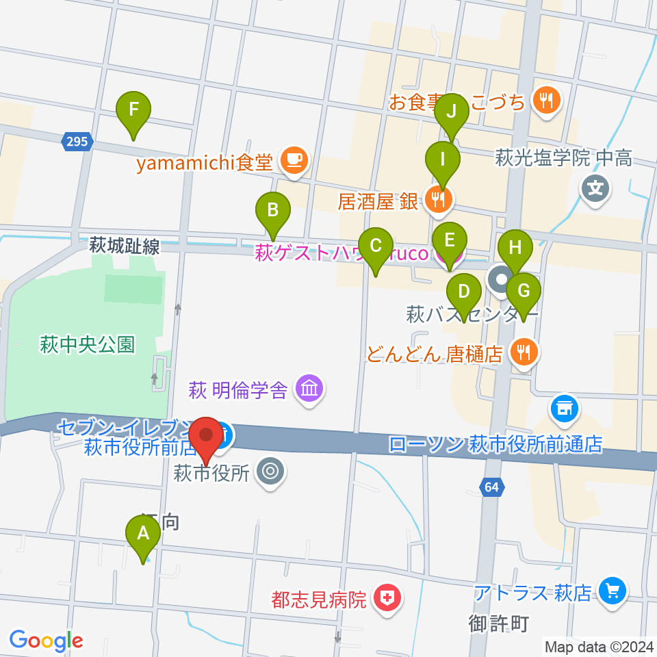 萩市民館周辺のホテル一覧地図